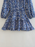 Yipinpay Blue Print Mini Dress Woman Ruffle Short Dresses Women Long Sleeve Casual Dresses For Women Summer 2023 Vintage Dress