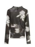 Yipinpay Printed Mesh Tops For Women Tulle Crop Top Long Sleeve See-Through Blouse Female High Neck Fashion Woman Blouses 2023