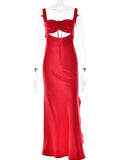 Yipinpay MO Satin Hollow Out Draw String Chest Wrapping Long Dress Women Sexy Slim Party Spaghetti Strap Backless Dress Vestidos
