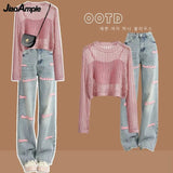 Yipinpay Women's 2024 Summer New Jeans Matching Set Korean Elegant Strap Blouse Letter Denim Pants Three Piece Female Chic Trousers Suit