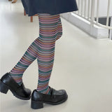 Yipinpay Women's Y2K Vintage Striped Tights Rainbow Colorful Elastic Stockings Pantyhose Slim Fit Tights Leggings