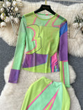 Yipinpay Women Painting Mesh Suits Long Sleeves Tops+High Waist Bodycon Skirt Fashion Streetwear Vintage Skinny Two Pieces Sets