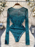 Yipinpay Autumn Mesh Print Playsuits Women O Neck Long Sleeves Slim Y2k Top Fashion Streetwear Open Crotch Sheer Sexy Bodysuits