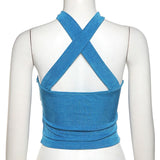 yipinpay Top Hollow Out Tank Tops Women Backless Cropped Top Summer Clothes Solid Skinny Blue Sleeveless Streetwear Halter Y2K Top