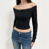 Yipinpay Women Crop Off-Shoulder Tops Lace Patchwork Long Sleeve T-Shirt Casual Pullovers Club Streetwear Aesthetic Clothes