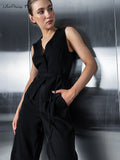 Yipinpay Elegant Office 2 Pieces Sets Black Cotton Linen V-Neck Sleeveless Vest Outfit Summer High Waist Wide Leg Pants Sets