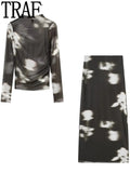 Yipinpay Printed Tulle Skirt Woman High Waist Mesh Skirt Sets Elegant Long Skirts For Women Fashion 2023 Autumn Winter Skirts