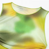 Yipinpay Print Tulle Long Dress Women Ruched Bodycon Dress Women Semi Sheer Mesh Summer Dresses Woman 2023 Sleeveless Midi Dresses