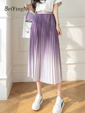yipinpay Korean High Waist Pleated Skirt Woman Gradient Chic Slim Summer A-line Skirts Girls New Fashion Pink Long Midi Faldas