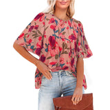 Yipinpay Women's Flower Shirt Top Fashion Summer O-Neck Blouse Short Sleeve Shirts Elegant Casual Loose Tops Blouses For Women Clothing