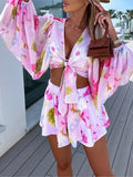 Yipinpay Boho Floral Print Lantern Sleeve Crop Top Suit 2023 Summer Fashion Chic Chiffon Shorts Outfits Casual Loose Lady Beach Suit