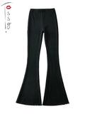 Yipinpay Solid Knitted High Waist Flare Pants For Women Ribbed Casual Leggings Female Stretchy Bodycon Trousers Fashion Streetwear
