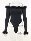 yipinpay Feather Top Long Sleeve T Shirt Women Off Shoulder Body Spring Fall Outfits Bodycon Solid Streetwear Black Bodysuits