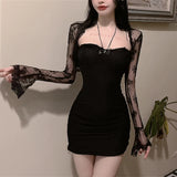 Yipinpay Woman Dress Sexy Square Collar Lace Patchwork Flare Long Sleeve Slim French Style Chic Party Mini Dresses Ladies