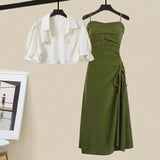 Yipinpay Women's Summer Dress Suit 2024 New Fashion Short Sleeve Shirt+Denim Strap Skirt Two Piece Korean Elegant Casual Matching Set