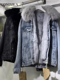 Yipinpay Spring Winter Women's Denim Jacket Bomber with Fur Collar Female Cold Coat Thick Warm Korean Chic Vintage Aviator Jackets