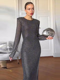 Yipinpay Sparkling Bodycon Long Dress For Women Round Neck Long Sleeves Slim Robes Fashion Autumn Evening Party Female Vestidos