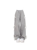 Yipinpay Women's Grey Lace Lace-up Pants Vintage Y2k Harajuku 90s Aesthetic Sweatpants Retro High Waist Wide Trousers 2000s Clothes 2024