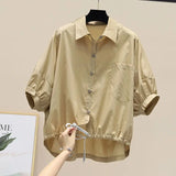 Yipinpay Summer New Bat Sleeve Shirt Women Loose Casual Hem Waist Short Sleeve Blouse Solid Crop Tops Half White Shirts Lady