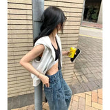 Yipinpay Vintage Hooded Tank Top Women Clothing Summer New Fashion Loose Casual Sports Gray Sleeveless Short Vest Women Top