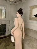 Yipinpay Temperament Dresses Women Bow Bandage Swinging Collar Flare Long Sleeve Solid Vintage Elegant Dress French Style