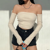Yipinpay Crop Tops T-shirts, Solid Color Boat Neck Off Shoulder Sexy Tops Pullover with Long Sleeves for Summer Club Wear