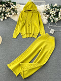 Yipinpay Winter Women Warm Knitted Suits Loose Drawstring Hooded Pullover+ Wide Legs Long Pants Fashion Sports Two Piece Sets
