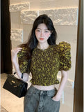 Yipinpay Mujer De Moda Sexy Floral Blouse Print Crop Top O Neck Ruffles Summer Shirts for Women 2023 Slim Shirt Femme Chic