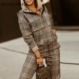 Yipinpay Women Chic Plaid Pattern Long Sleeves Zipper Hooded Pocket Ankle Length Sweatshirt Pants Sets