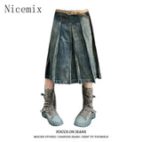 Yipinpay Retro Spicy Girls Washed Distressed Pleated Denim Skirt for Women Summer New Fashion Loose A-line Mid Length Skirt