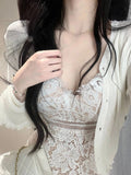 Yipinpay Lace Dress Suit Woman Short Party Sleeveless Mini Dress Korea Fashion Casua White Short Cardigan Office Lady 2024 Autumn