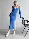 Yipinpay Spring Sexy Sweater Dress Casual 2023 V-Neck Elegant Knitted Women Dress Long Sleeve Bodycon Midi Dress Office Lady