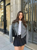 Yipinpay Vintage Women Gray Cropped Woolen Jacket Long Sleeve Pockets Female Autumn Winter Short Coat