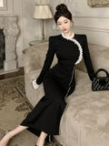 Yipinpay Dresses Women Stand Collar Lace Patchwork Split Long Sleeve Slim Vintage Elegant Dress Slim Elegant Dress Ladies