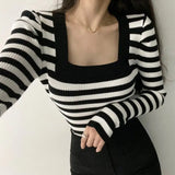 Yipinpay Sueter Mujer Pullover Black White Striped Sweater Women Wild Square Full Sleeve Y2k Clothes Knitted Top Spring Retro