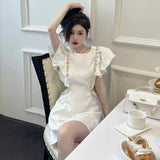 Yipinpay Woman Dress Flying Sleeve Rhinestone Hollow Out O Neck Elegant Spring New Slim White Sexy Dresses Female Mini Fashion