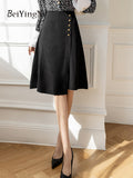 Yipinpay Women's Knee-length Skirts Single-breasted Chic Korean Fashion A-line Skirt Lady Simple Luxury Office Wear OL Skirts