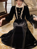 Yipinpay Vintage Lace Midi Dress Elegant 2023 Autumn Slim Long Sleeve Black Velvet Dress Casual Party Korean Fashion Dress Design