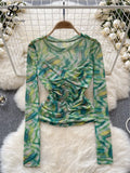 Yipinpay Europe Long sleeved Mesh Sheer T-shirt Fashion Skinny Temperament Office Lady Blouse O Neck Pleated Tie Dye Print Top
