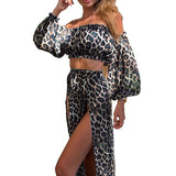 Yipinpay Sexy Skirt Sets Summer Fall Vacation Women Temperament Leopard Strapless Puff Sleeve Crop Top Split Skirt Women's Suits