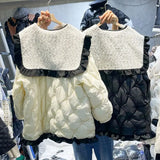 Yipinpay Bow Navy Collar Coat Chaquetas Mujer Women Black Parka Down Coats Ruffled Hem Quilted Cotton Outwear Tops Winter Jackets