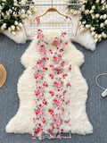 Yipinpay Strap Transparent Mesh Sundress Ladies 2024 New Style Sleeveless Split Design Embroidery Floral Slim Fit Sexy Dress