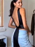 Yipinpay Black Crop Top Women Satin Backless Top Female Y2k Streetwear Sexy Tops Woman Fashion Tied Sleeveless Tank Tops For Women