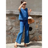 Yipinpay Hot Girl Commuting Suit Women's Summer Blue Denim Vest High Waist Wide Leg Pants Two-piece Set Fashion Female Clothes