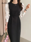 yipinpay Korean Chic Long Sleeve Midi Dresses Women 2023 Spring Autumn Casual Eelgant Office Ladies Dress Sashes Spell Color