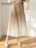 yipinpay Korean High Waist Pleated Skirt Woman Gradient Chic Slim Summer A-line Skirts Girls New Fashion Pink Long Midi Faldas