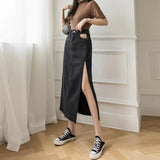 Yipinpay Long Maxi Denim Skirt for Women's Y2k Korean Fashion 2023 Female Loose Sexy Side Slit Open Legs Skirts Jeans Retro Bag Hip