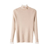 Yipinpay High Neck Knit Sweater Women's Autumn/Winter 2024 New Button Spliced Lace Fungal Edge Top Long Sleeve Slim Bottoming Shirt