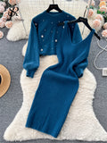 Yipinpay Winter Beading Knitted Suits Women Loose Long Sleeve Beading Pullover+ Midi Dress Fashion Warm Sweater Two Piece Sets