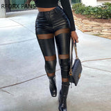 Yipinpay Women Casual High Waist Mesh PU Leather Patchwork Skinny Black Pencil Pants